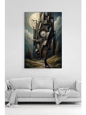 HonataDizayn Mistik Saat Kulesi ve Dolunay Manzaralı Modern Dekoratif  Kanvas Tablo