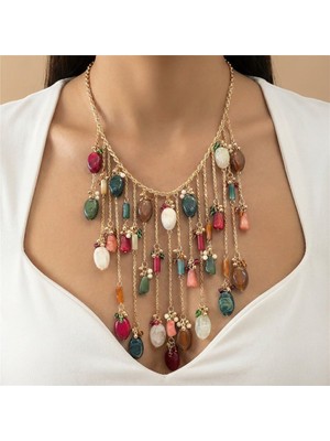 Zeino Renkli Taşlı Püskül Detaylı Uzun Zincir Çelik Kolye 14K Altın Rengi Kaplama, 50+5 cm