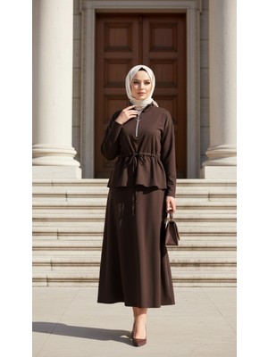Vent Giyim Tesettür Kadın Krep Etekli Ikili Takım Beli Bağcıklı Spor Şık