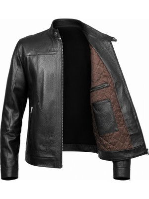 Tabakhanem Erkek Hakiki Jumbo Deri Ceket Siyah | Dik Yaka, Fermuarlı, Cepli, Kışlık