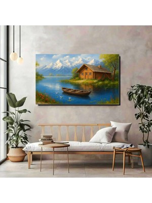 Artprinta Dağ Manzaralı Göl ve Ahşap Kulübe Panoramik Kanvas Tablo – Doğa Temalı Duvar Dekoru