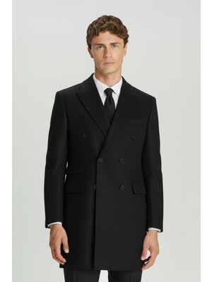 Sabri Özel Giotelli Siyah Slim Fit Yün Karışımlı Sivri Yaka Kruvaze 6 Drop Orta Boy Erkek Palto