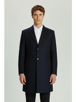 Sabri Özel Giotelli Lacivert Regular Fit Yün Karışımlı Ceket Yaka Orta Boy Erkek Palto