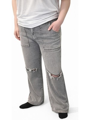 Levine Gri Yırtık Detaylı Bol Paça Jean