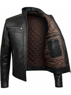 Tabakhanem Erkek Hakiki Deri Siyah Dik Yaka Deri Ceket | Kapitoneli Astarlı, Fermuarlı, Göğüs Fermuar Cepli