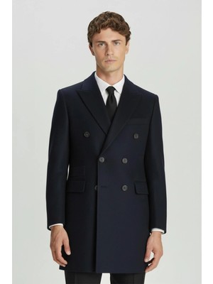 Sabri Özel Giotelli Lacivert Slim Fit Yün Karışımlı Sivri Yaka Kruvaze 6 Drop Orta Boy Erkek Palto