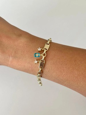 14K Çelik Üzeri Altın Kaplama Mavi Yıldız Çift Zincir Bileklik