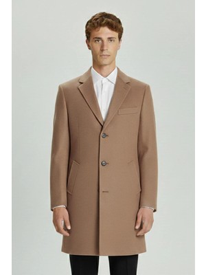 Sabri Özel Giotelli Camel Regular Fit Yün Karışımlı Ceket Yaka Orta Boy Erkek Palto
