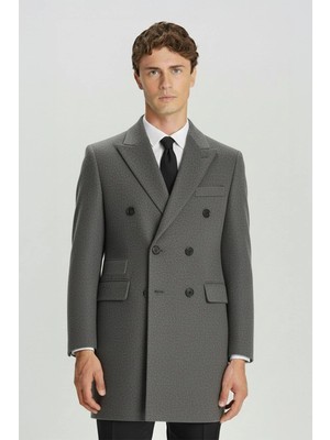 Sabri Özel Giotelli Antrasit Slim Fit Yün Karışımlı Sivri Yaka Kruvaze 6 Drop Orta Boy Erkek Palto