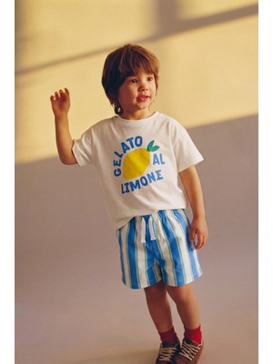 Magu Erkek Çocuk Pamuklu Beyaz Limon Baskılı T-Shirtli Çizgili Şort Takım