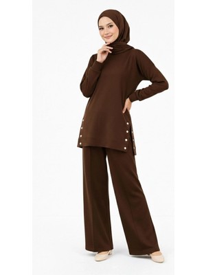 Az11 Osy Modal Yumuşak Dokulu Kumaş Modern Tesettür Takım Yandan Metal Çıtçıtlı Uzun Tunik Pantolon Set Salaş Kalıp - Kahverengi