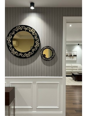Nera Tasarım Desenli Ahşap Yuvarlak Duvar Aynası - Dekoratif Duvar Ayna Seti (40CM ve 20CM)