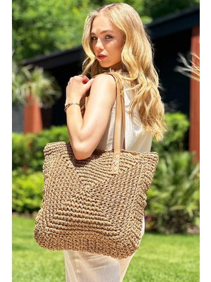 Fashion Cocktail Fashion Fermuarlı Astarlı Cepli Kare Örgü Plaj Çantası Camel Renkli Yazlık Şık Aksesuar