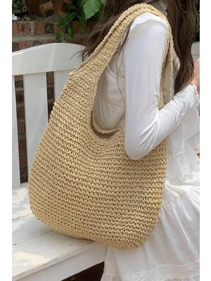 Fashion Cocktail Çift Kalın Askılı Astarlı Fermuarlı Yumuşak Soft Örgü Örme Plaj Sahil Deniz Omuz Çantası