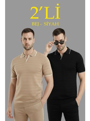 Az11 Erkek 2’li Paket Triko Yakalı Düğmesiz Açık Yaka Fitilli Kısa Kollu Regular Fit Tişört - Bej & Siyah