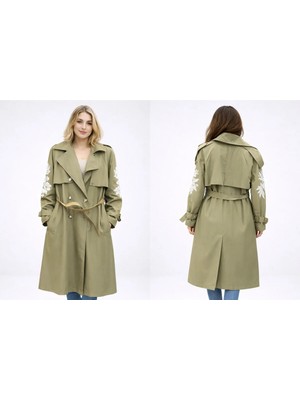 İnce Moda Giyim Nakış Detaylı Kemerli Uzun Trençkot – Bej-Haki
