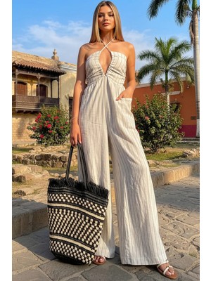 Fashion Cocktail Dikey Çizgili Büyük Yan Cepli Bağlama Tasarım Keten Geniş Paça Uzun Pantolonlu Sırt Dekolte Tulum