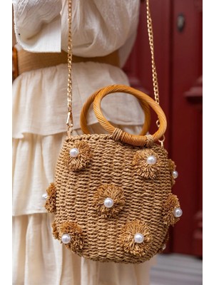 Fashion Cocktail Incili Püsküllü Ahşap Saplı Astarı Büzgülü Bohem Minik Hasır Çanta