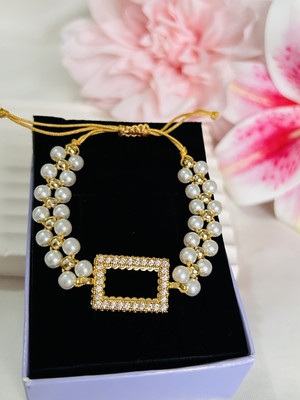 Roya Happiness Sevgililer Günü Hediyesi Külçe Bileklik Gram Altın Uyumlu Çerçeve Ayarlanabilir Incili Ipli Bileklik