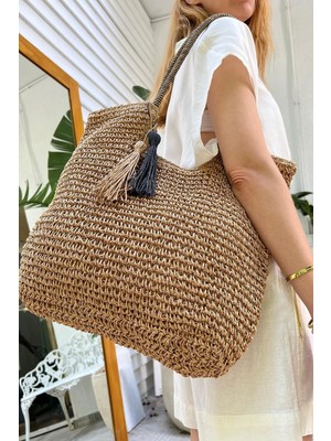 Fashion Cocktail Zebra Desen Fermuarlı Astarlı Cepli Omuz Askılı Sahil Plaj Beach Club Hasır Çanta
