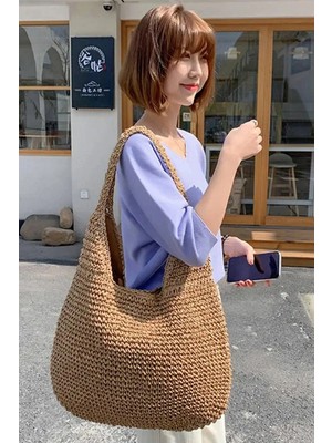 Fashion Cocktail Çift Kalın Askılı Astarlı Fermuarlı Yumuşak Soft Örgü Örme Plaj Sahil Deniz Omuz Çantası