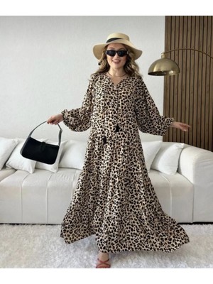Kadın Leopar Desenli Yaka Bağçıklı Viskon Kumaş Bol Kalıp Elbise