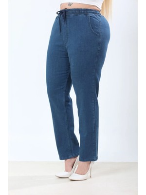 Beli Lastikli Rahat Kalıp Büyük Beden Kadın Kot Pantolon
