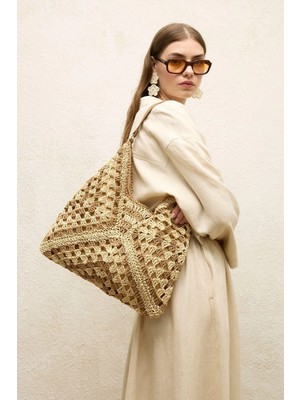 Fashion Cocktail Içi Çıtçıtlı Kelebek Model Kayış Askılı Astarlı Beachwear Sahil Tatil Hasır Omuz Çantası