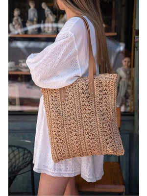 Fashion Cocktail Deri Saplı Fermuarlı Iç Cepli Kare Örgü Yazlık Sahil Plaj Beachwear Hasır Örgü Ithal Çanta
