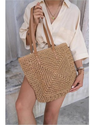 Fashion Cocktail Fermuarlı Astarı Cepli Kare Örgü Ithal Tatil Plaj Hasır Çantası