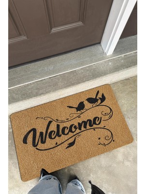 Cotto Home Coco Entry PS30A Welcome Kuş Desenli Kalın Kaymaz Taban Nem Alıcı Şık Tasarım Kapı Önü Paspası