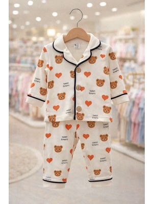 Tuem Baby Tuembaby %100 Pamuk  Uzun Kollu  Ayıcık Baskılı  Beyaz Renk Unisex Bebek Pijama Takımı