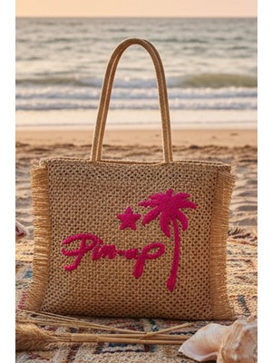 Fashion Cocktail Pin-Up Star Yanları Püsküllü Büyük Boy Geniş Hacimli Fermuarlı Palmiyeli Hasır Örme Çanta