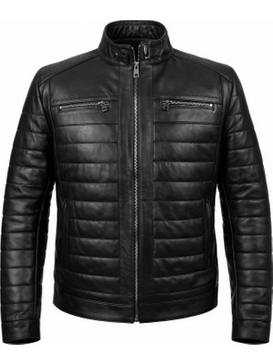 Tabakhanem Erkek Hakiki Deri Puntolu Ceket Siyah | Dik Yaka, Kapitone Şeritli, Fermuarlı, Çift Göğüs Cepli