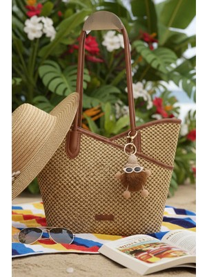 Fashion Cocktail Iç Cüzdanlı Çift Çantalı Askılı Çıtçıtlı Fermuarlı Gözlük Maskotlu Hasır El Omuz Çantası Takımı