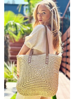 Fashion Cocktail Fermuarlı Astarı Cepli Kare Örgü Ithal Tatil Plaj Hasır Çantası