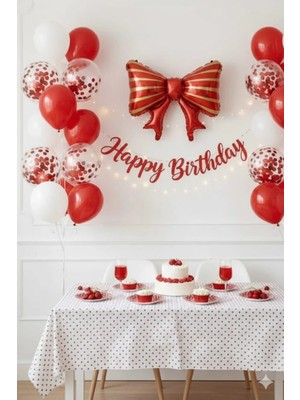 Kırmızı Fiyonk Folyo Balonlu Doğum Günü Balon Set
