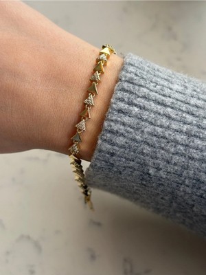 Çelik Gold Üçgen Detaylı Plaka Zirkon Bileklik