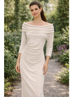 İnce Moda Giyim Madonna Yaka Drapeli Uzun Elbise – Ekru