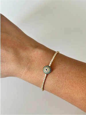 Çelik Nazar Boncuklu Zirkon Lastik Bileklik