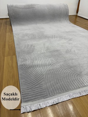 NarStore Home Rölyef Saçaklı Joy Gri Kaymaz Taban Kesme Halı Yolluk