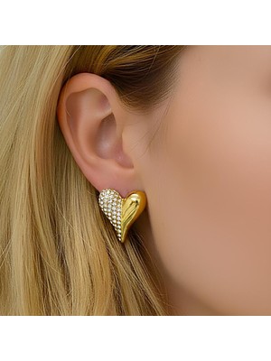 Bontexs Özel Tasarım Ikili Kalp Küpe Bir Yanı Işıltılı Kristal Taş Işlemeli, Bir Yanı Parlak Gold Bitişli Şık  Günlük Küpe Altın Renk Zirkon Taş Detaylı Büyük Kalp Küpe -Özel Gün Hediyesi Tasarım Takı