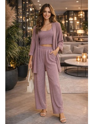 İnce Moda Giyim Fitilli Dokulu 3’lü Takım – Crop Atletli Hırka & Bol Paça Pantolon