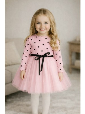 Şirin Şeyler Butiği Linda Uzun Kol Kız Çocuk Prenses Kabarık Tütü Elbise Puantiyeli Esnek Likralı Pembe Tütülü Elbise Bayramlık Hediyelik