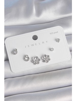 Ne Verelim Size Pirinç Gümüş Renk Zirkon Taşlı Kar Tanesi Model 925 Ayar Gümüş Çivi Kadın Küpe Seti - Tj