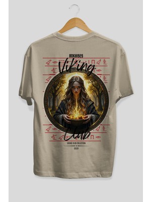 Ankhises Viking Mitolojisi  17 Arka Baskılı Bej Oversize T-Shirt Erkek Kadın Pamuk Bisiklet Yaka Tişort