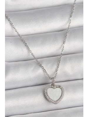 Ne Verelim Size 316L Çelik Gümüş Renk Zincir Zirkon Taşlı Beyaz Mineli Kalp Model Kadın Kolye - TJ-BKO9781