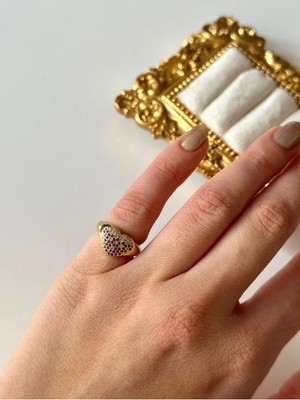 Çelik Pembe Kalp Detay Serçe Parmak Yüzük Ayarlanabilir