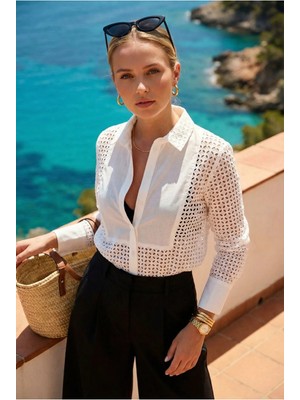 Fashion Cocktail Eril Maskülen Nötr Ton Ingiliz Dantel Brode Işleme Dokulu Zarif Orta Boy Rafine Kesim Soft Gömlek