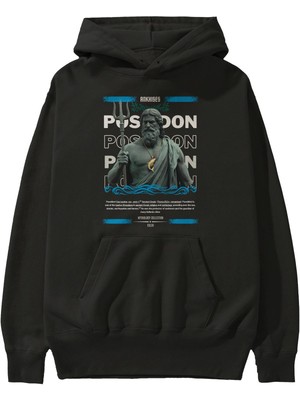 Ankhises Poseidon 2 Mitoloji Ön Baskılı Siyah Hoodie Oversize Kapüşonlu Sweatshirt Erkek Kadın